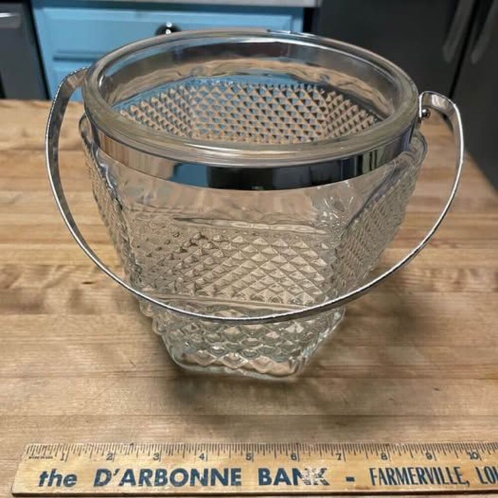 Vintage Clear Glass Diamond Pattern Ice Bucket with Silver Handle